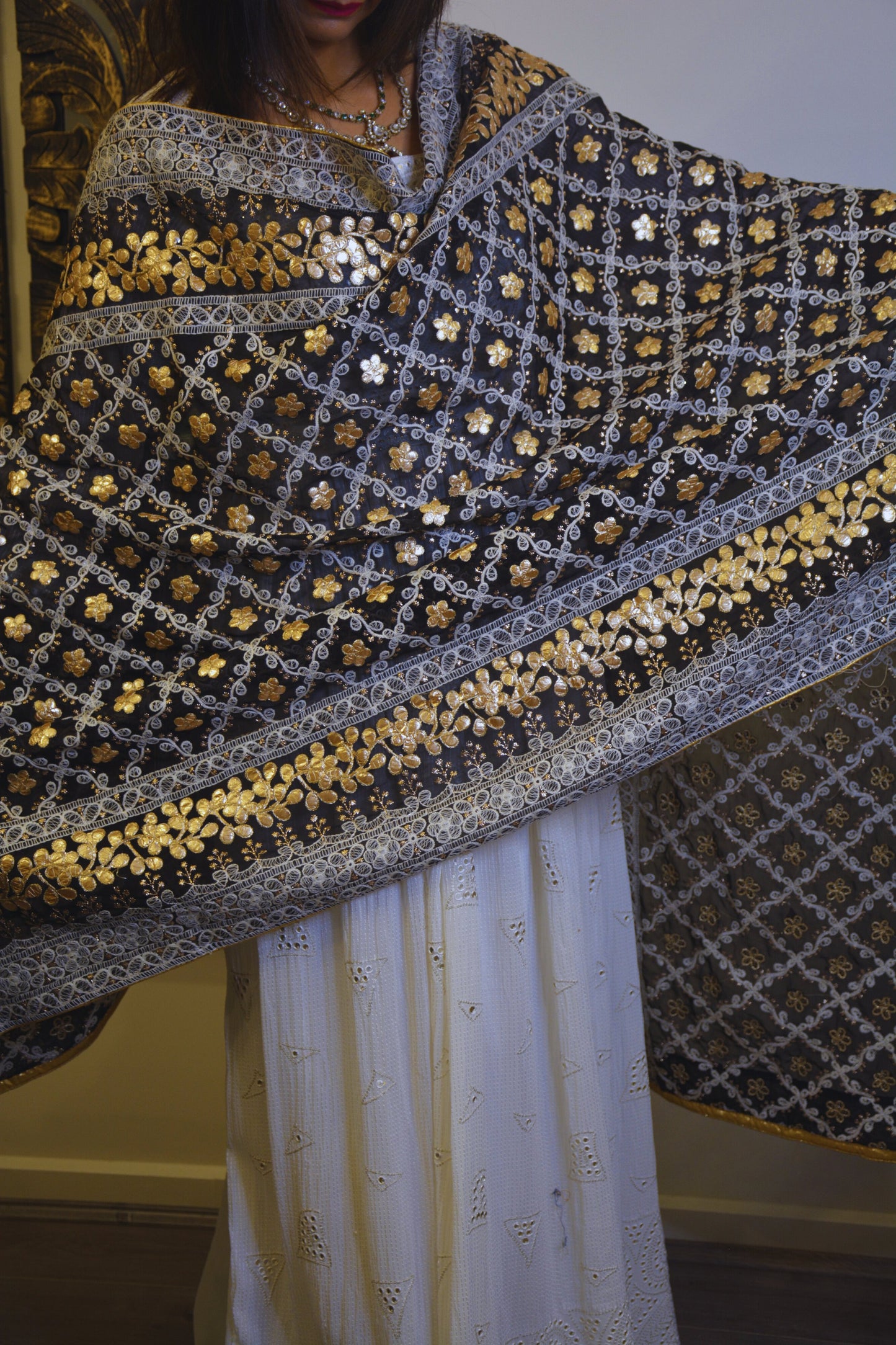 Georgette - Chikan and Gota Patti Black Gold