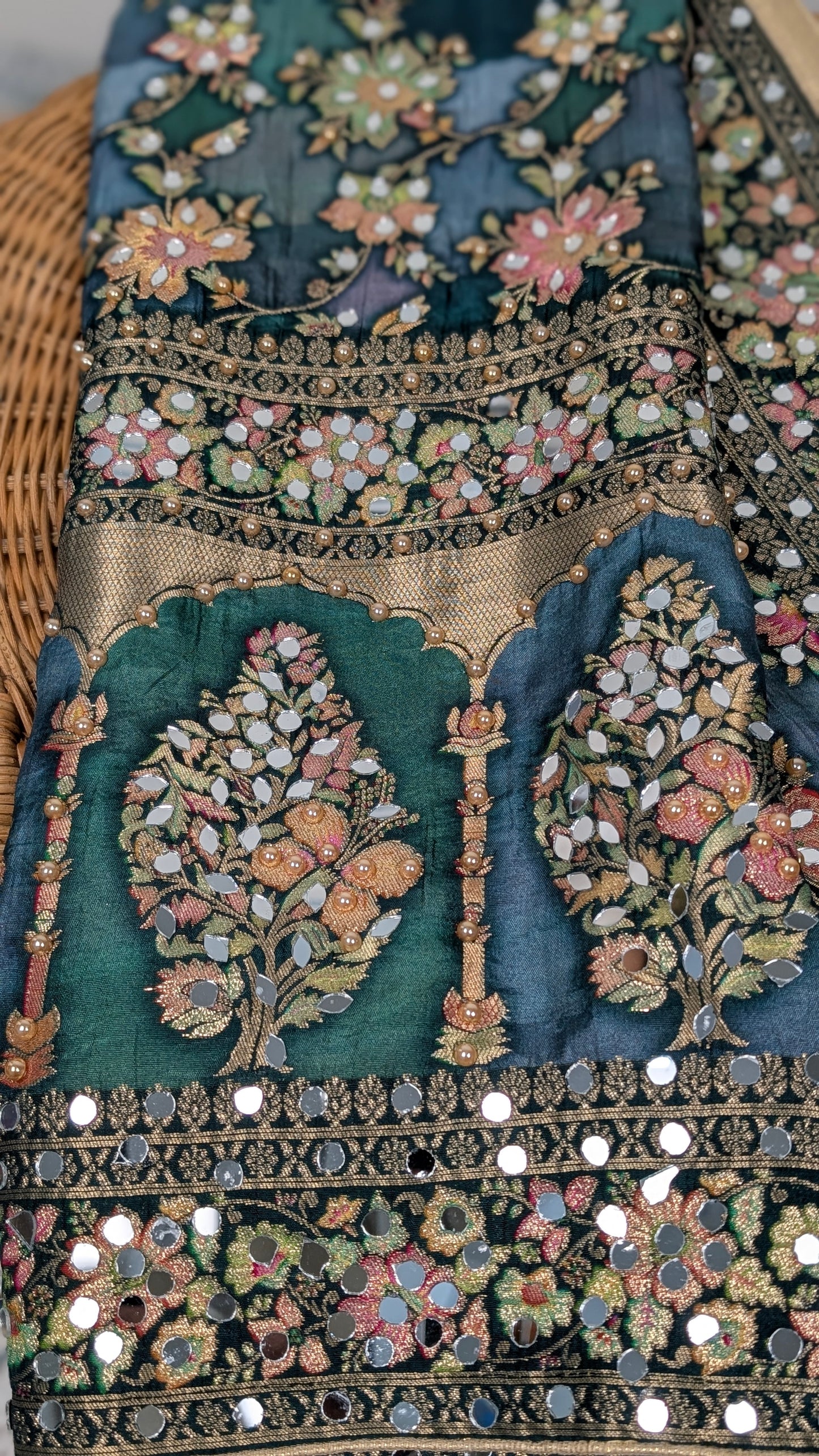 Noorza Pakistani Dupatta - Mirror and Pearl work - Green