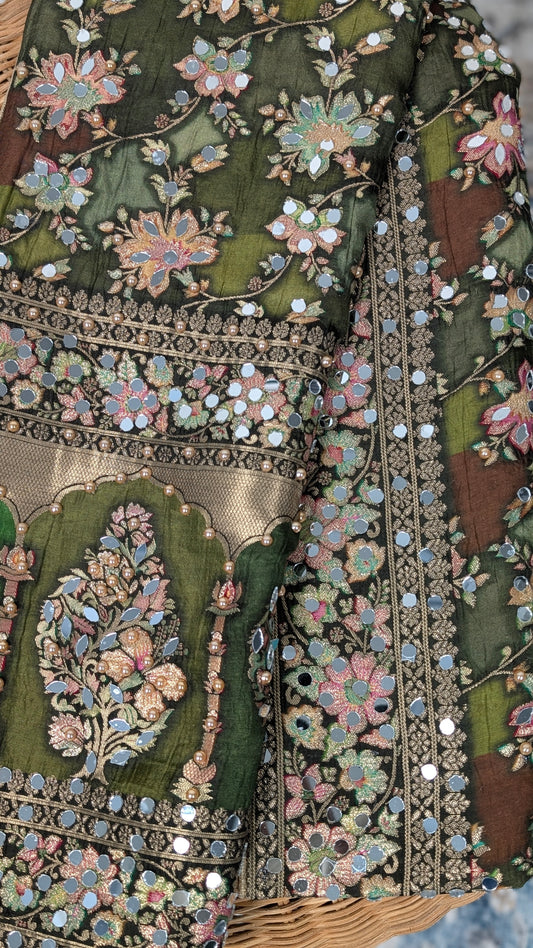 Noorza Pakistani Dupatta - Mirror and Pearl work - Mehandi