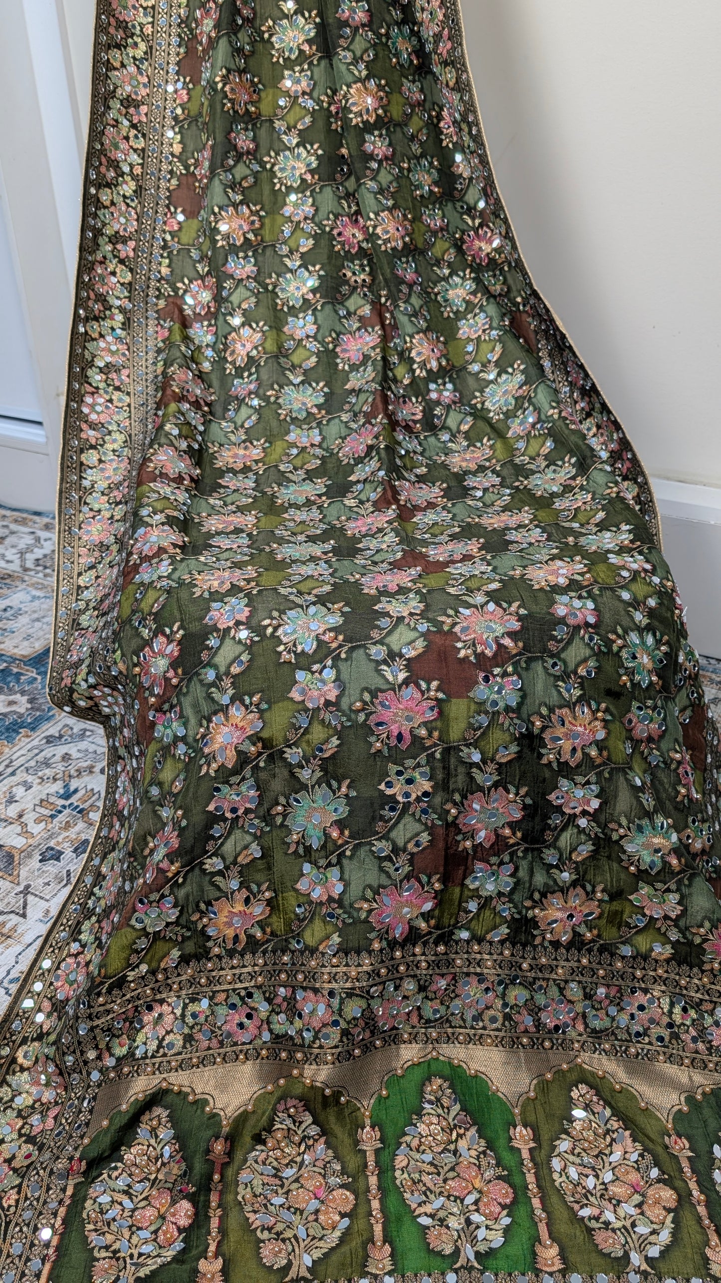 Noorza Pakistani Dupatta - Mirror and Pearl work - Mehandi