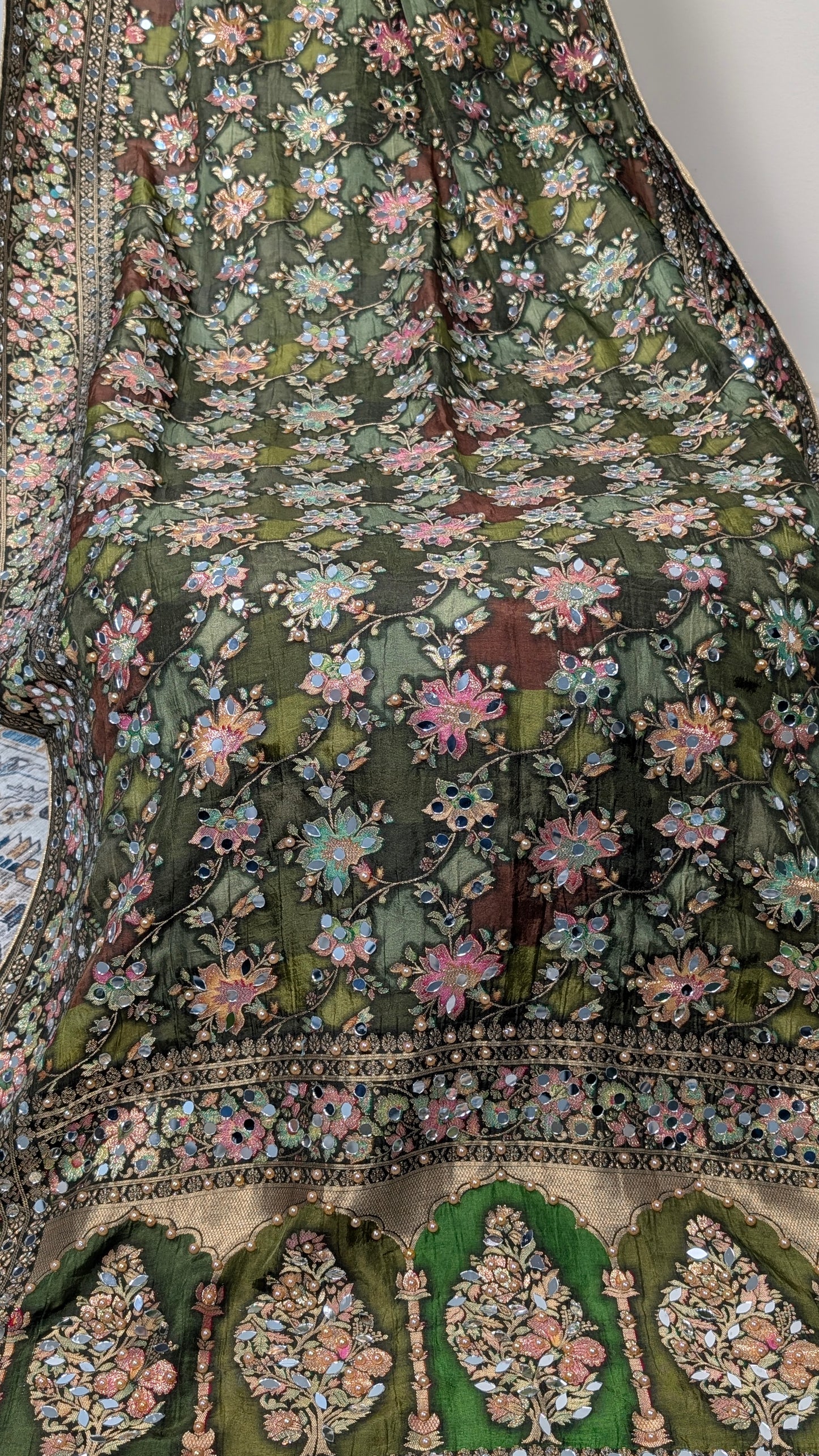 Noorza Pakistani Dupatta - Mirror and Pearl work - Mehandi