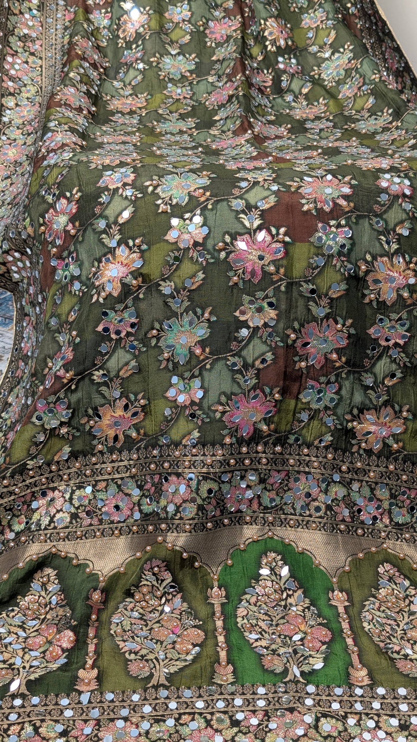 Noorza Pakistani Dupatta - Mirror and Pearl work - Mehandi