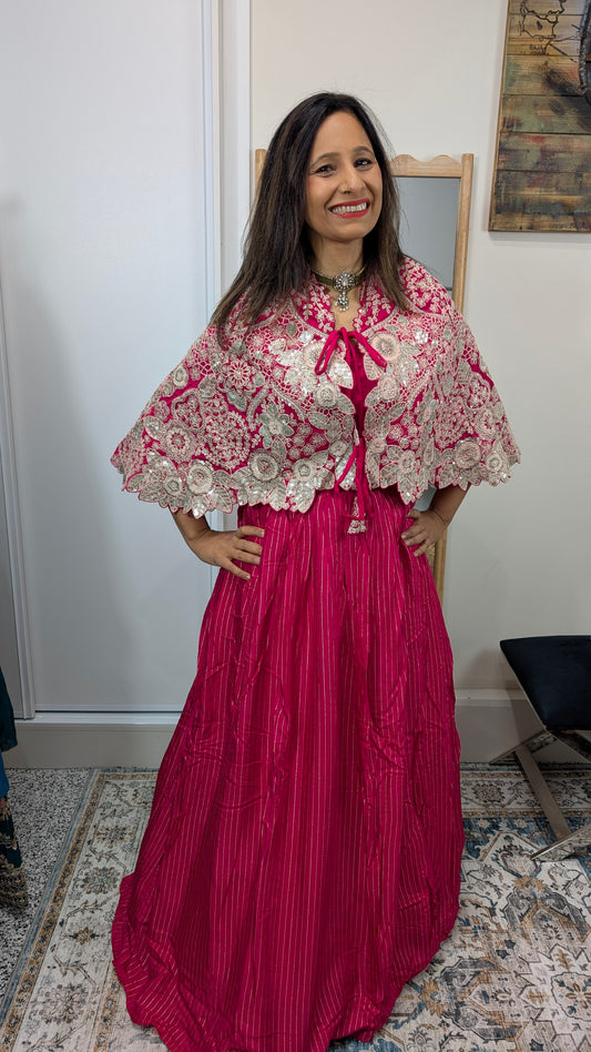 Ravya Rani Pink Cape Lehenga Set with Silver Thread Embroidery