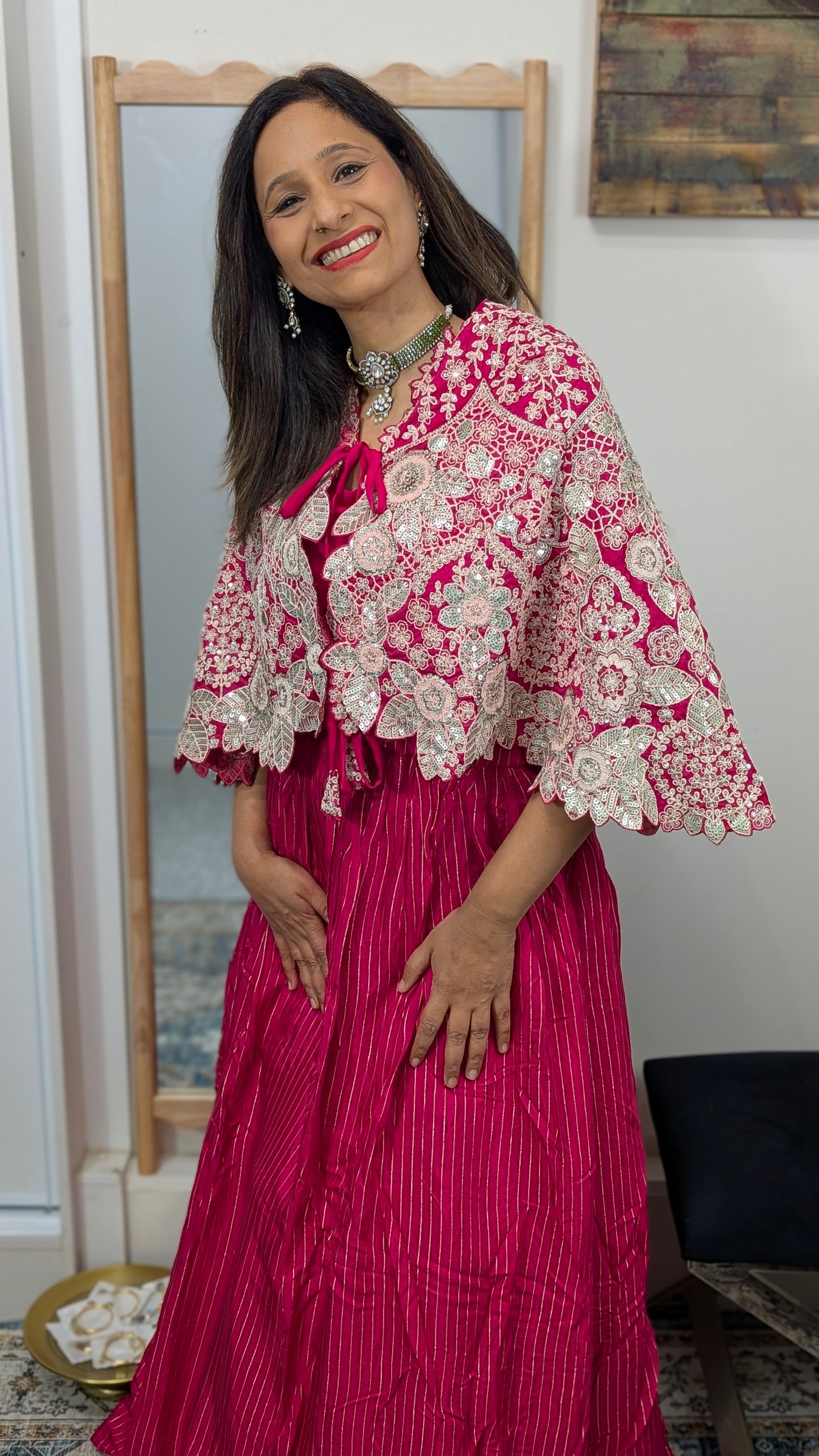 Ravya Rani Pink Cape Lehenga Set with Silver Thread Embroidery