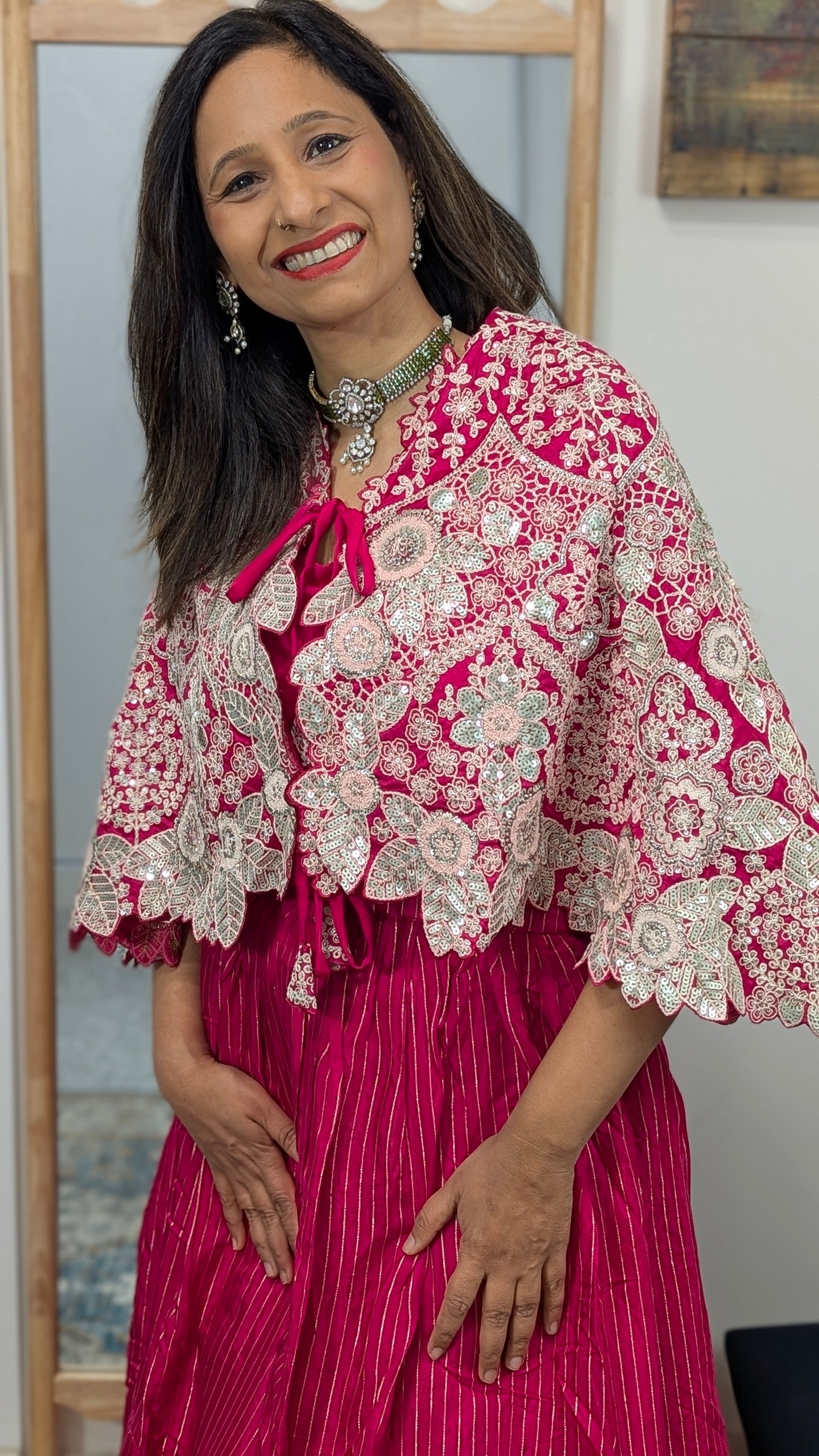 Ravya Rani Pink Cape Lehenga Set with Silver Thread Embroidery