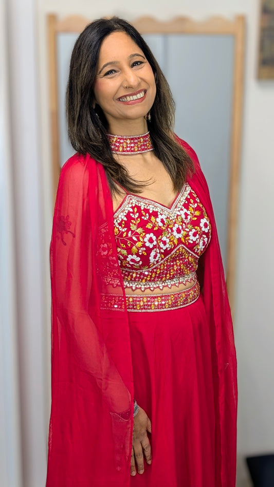 Saanvi Red Mirror Embroidered Collared Cape Set