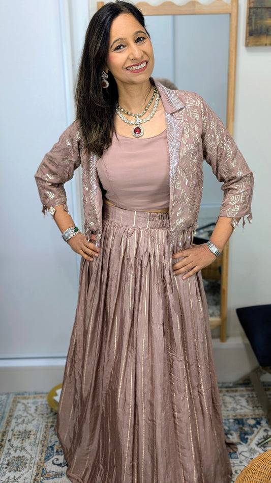 Elaa Dusty Rose Jacket Lehenga Set with Foil Embroidery