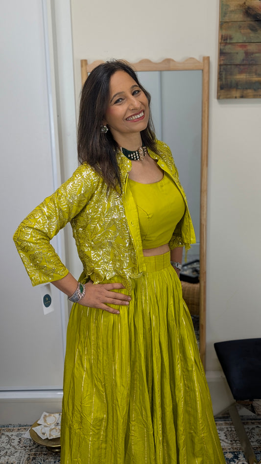 Ziva Lime Yellow Foil Embroidered Jacket Set