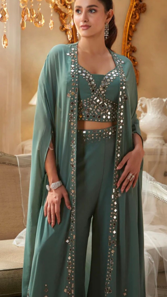 Aarohi Teal Mirror Work Palazzo Set