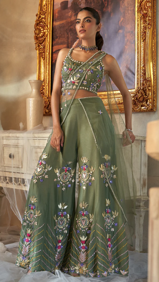 Vanya - Olive Floral Embroidered Palazzo Set