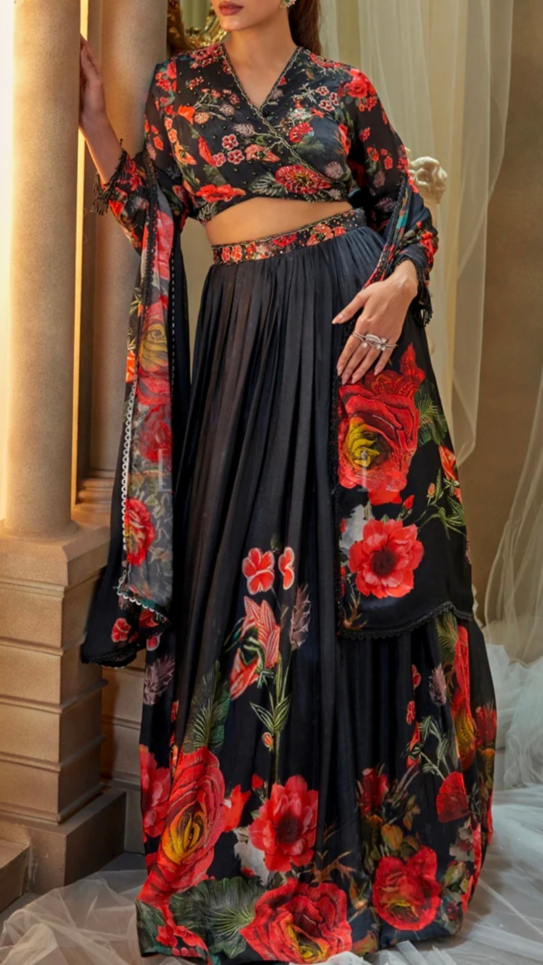 Noor - Black Floral Printed Lehenga Set