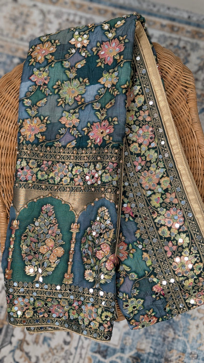 Noorza Pakistani Dupatta - Mirror and Pearl work - Green