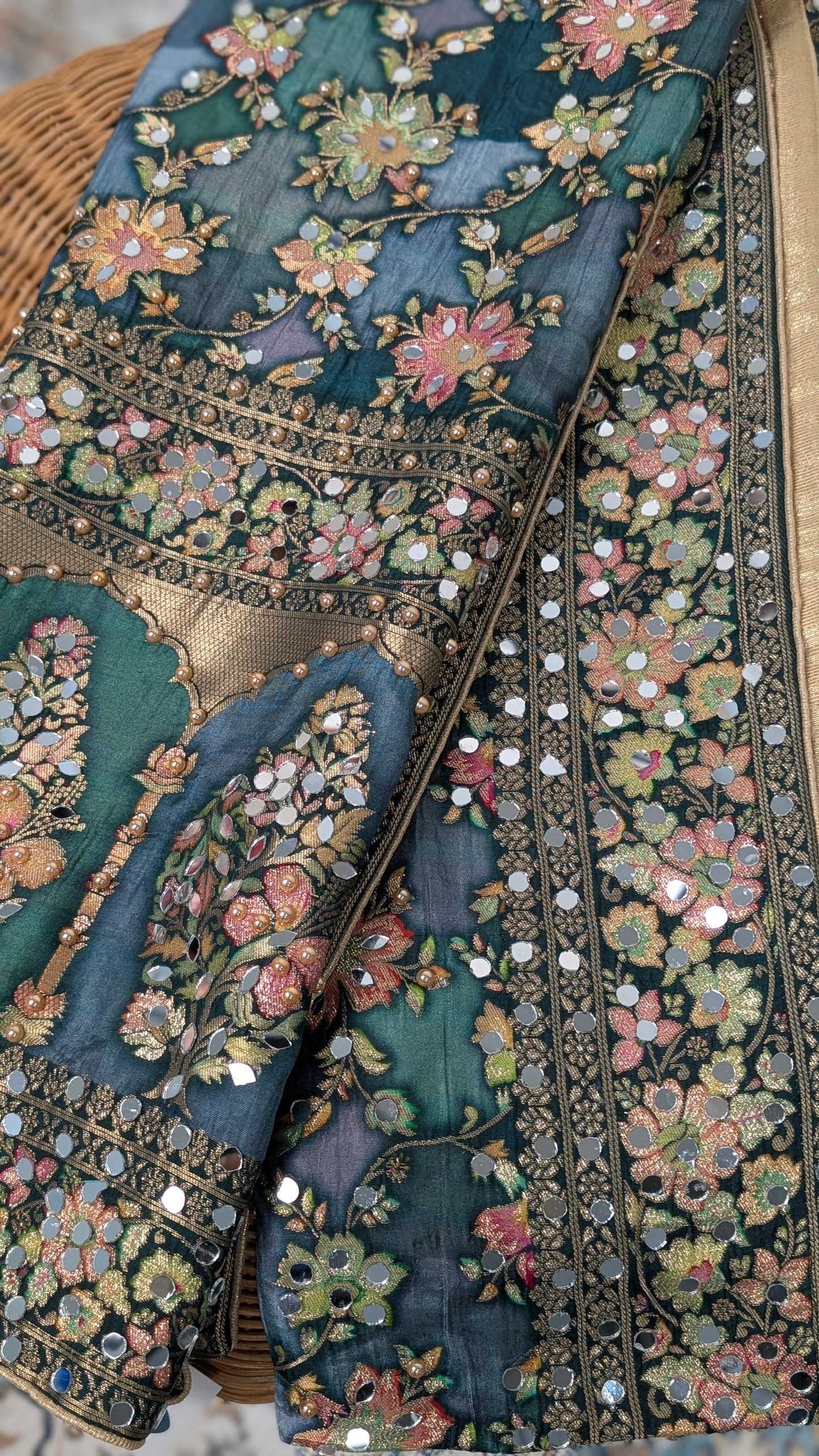 Noorza Pakistani Dupatta - Mirror and Pearl work - Green