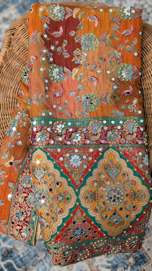 Noorza Pakistani Dupatta - Mirror and Pearl work - Orange