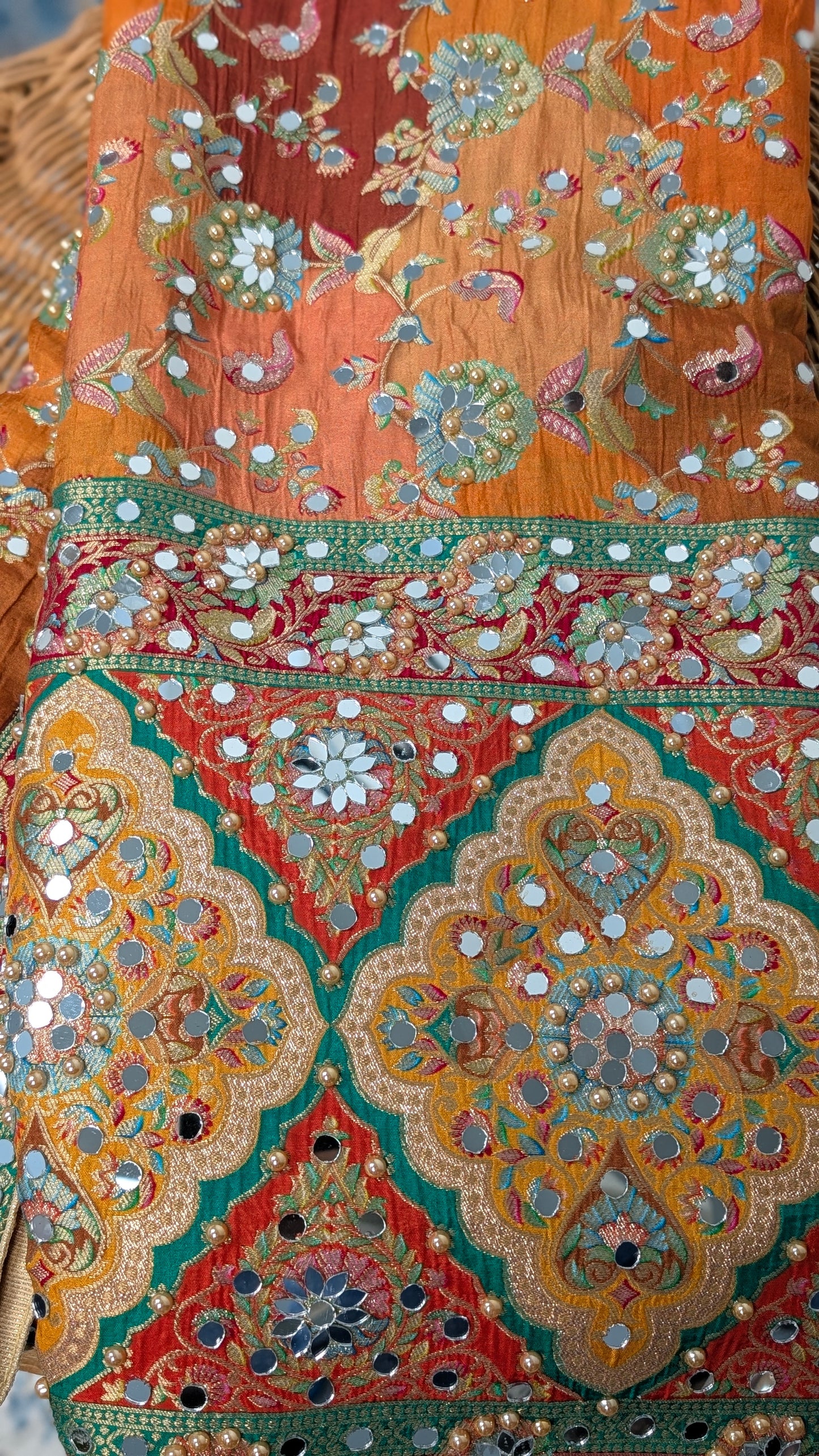Noorza Pakistani Dupatta - Mirror and Pearl work - Orange