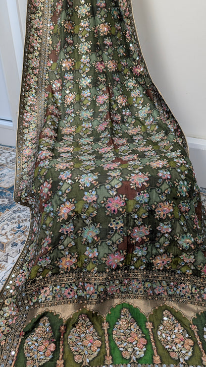 Noorza Pakistani Dupatta - Mirror and Pearl work - Mehandi