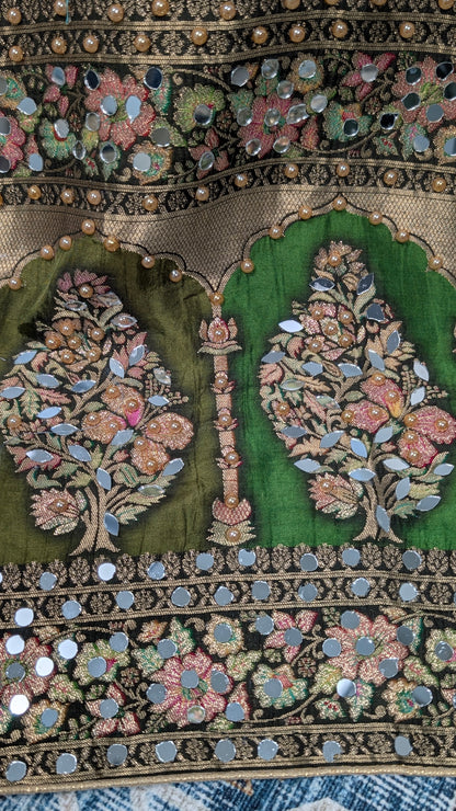 Noorza Pakistani Dupatta - Mirror and Pearl work - Mehandi