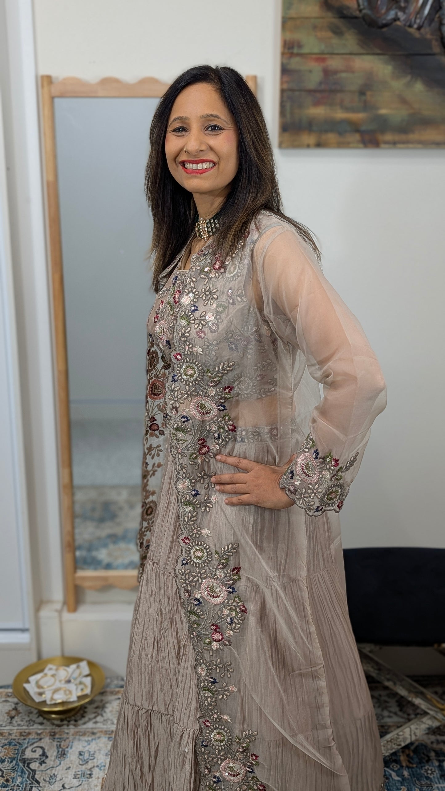 Noor Beige Embroidered Cape Set in Premium Chinon Silk
