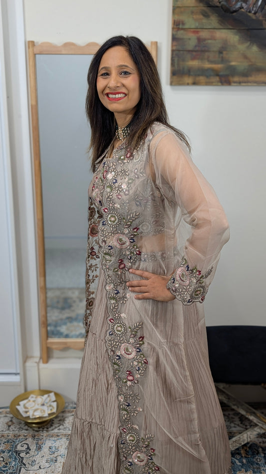 Noor Beige Embroidered Cape Set in Premium Chinon Silk