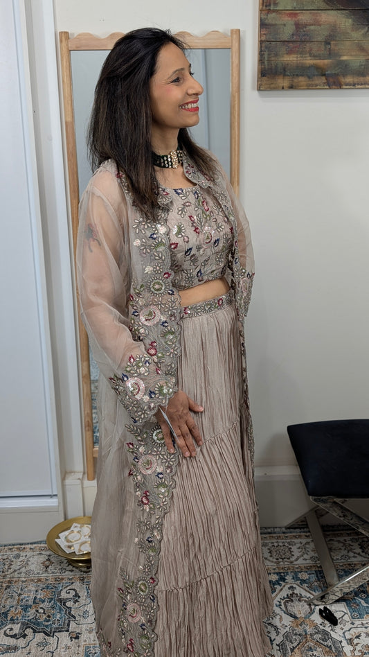 Noor Beige Embroidered Cape Set in Premium Chinon Silk