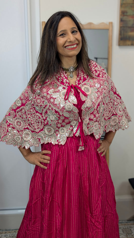 Ravya Rani Pink Cape Lehenga Set with Silver Thread Embroidery