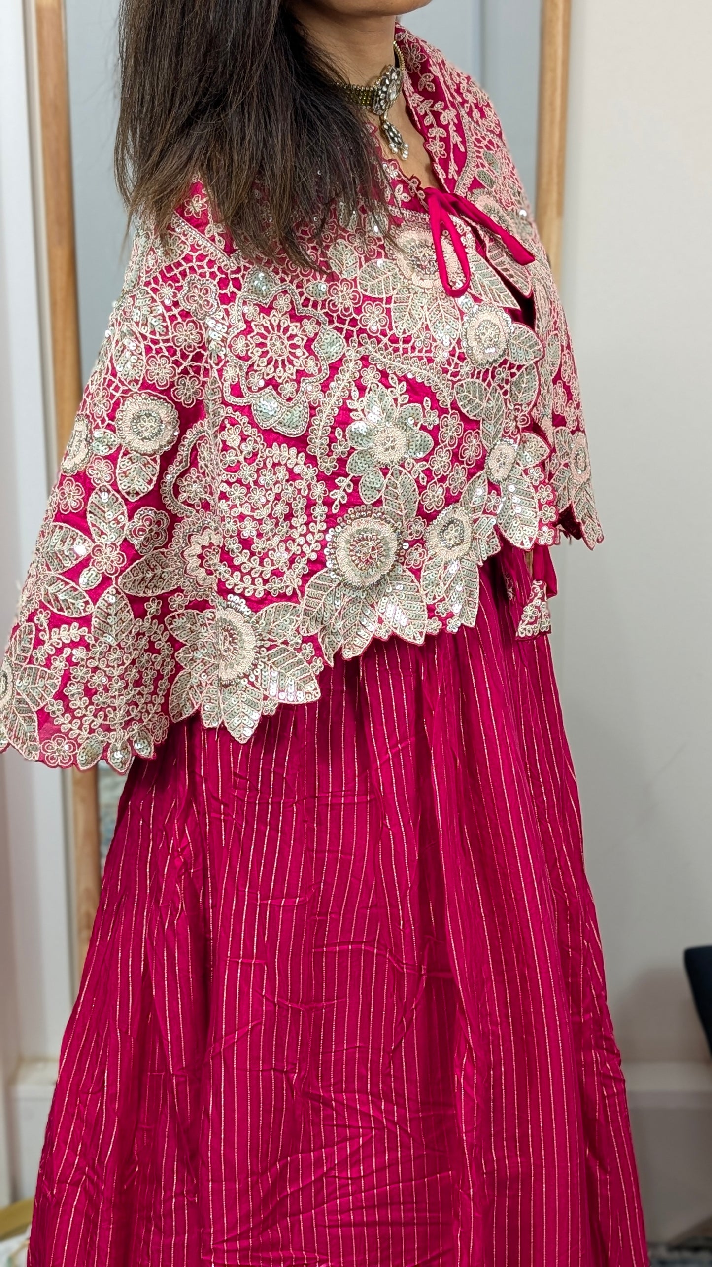 Ravya Rani Pink Cape Lehenga Set with Silver Thread Embroidery