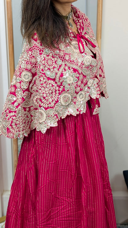 Ravya Rani Pink Cape Lehenga Set with Silver Thread Embroidery