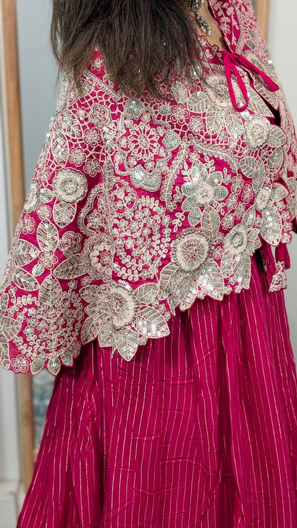 Ravya Rani Pink Cape Lehenga Set with Silver Thread Embroidery