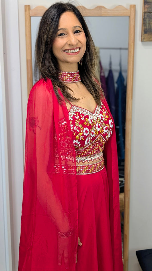Saanvi Red Mirror Embroidered Collared Cape Set