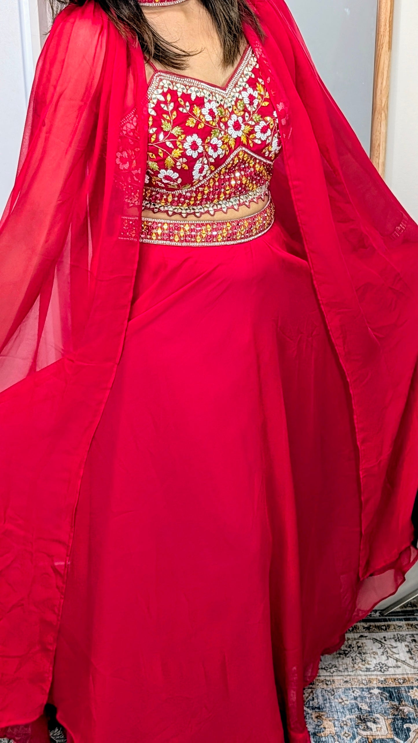 Saanvi Red Mirror Embroidered Collared Cape Set