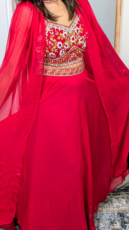 Saanvi Red Mirror Embroidered Collared Cape Set