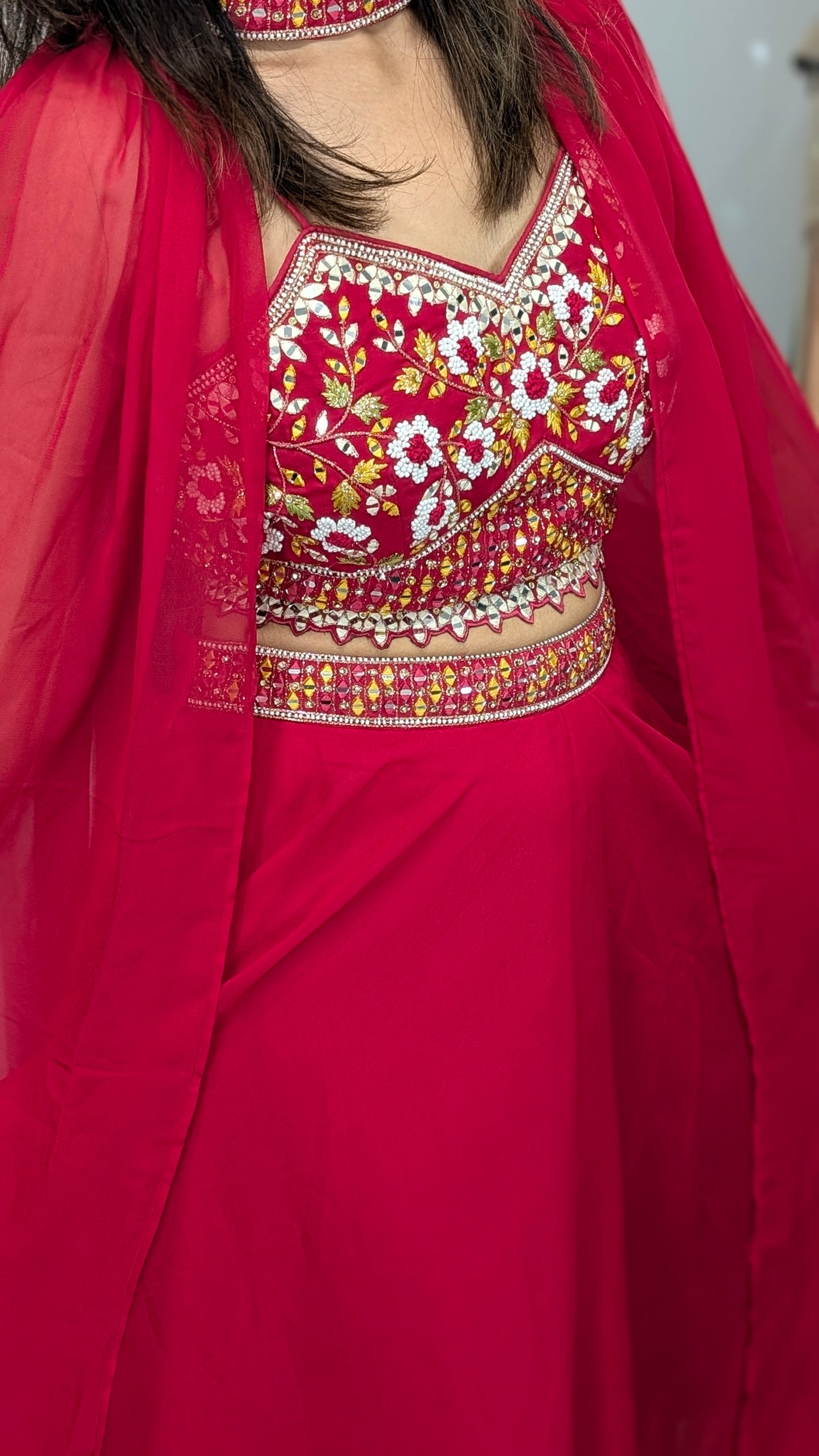 Saanvi Red Mirror Embroidered Collared Cape Set