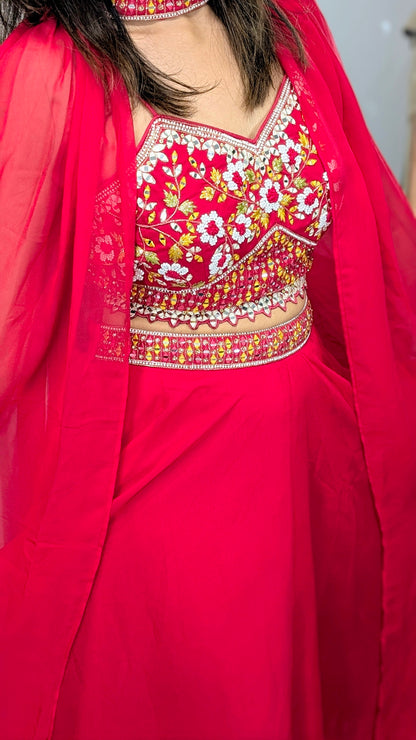 Saanvi Red Mirror Embroidered Collared Cape Set