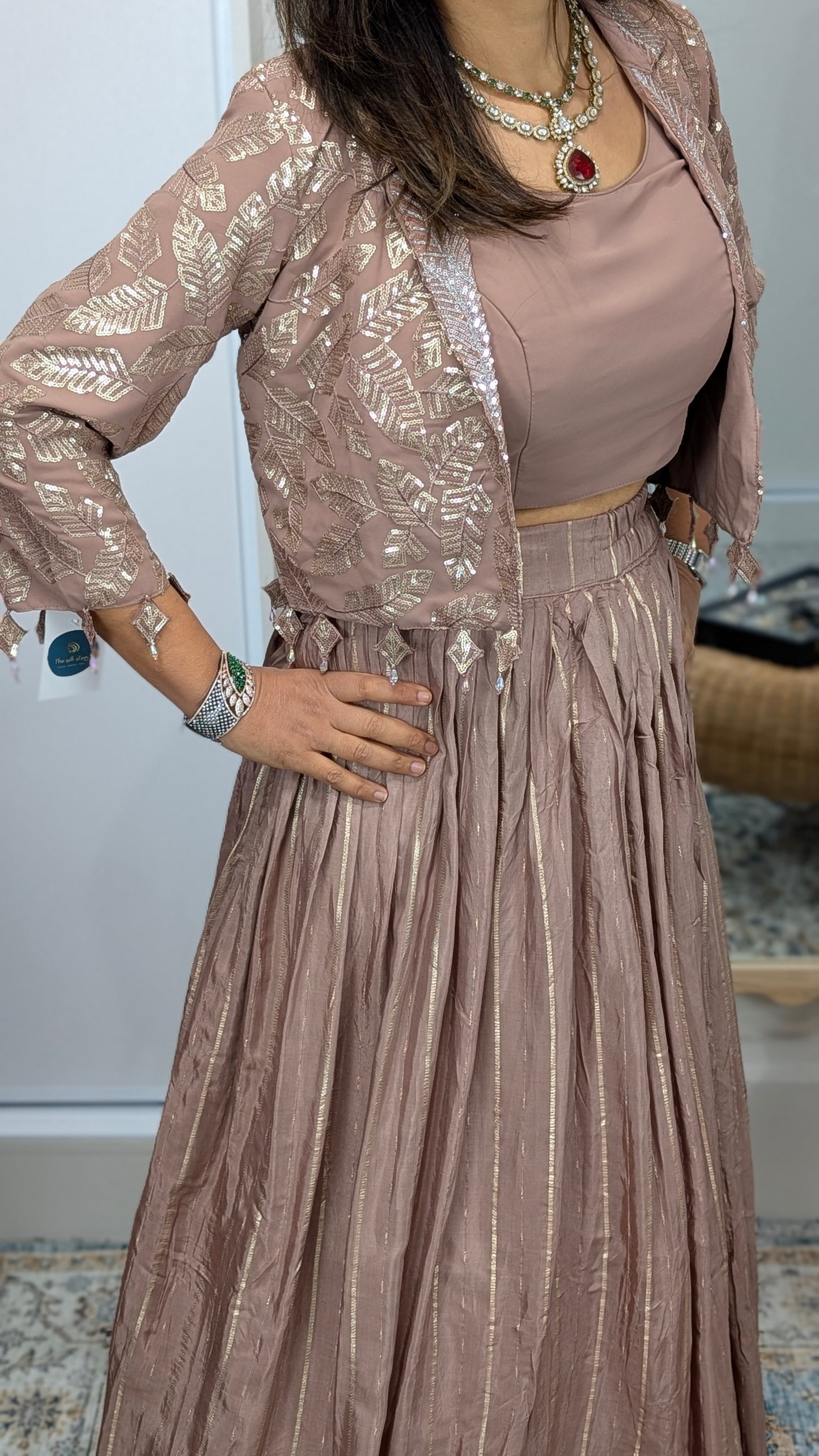 Elaa Dusty Rose Jacket Lehenga Set with Foil Embroidery