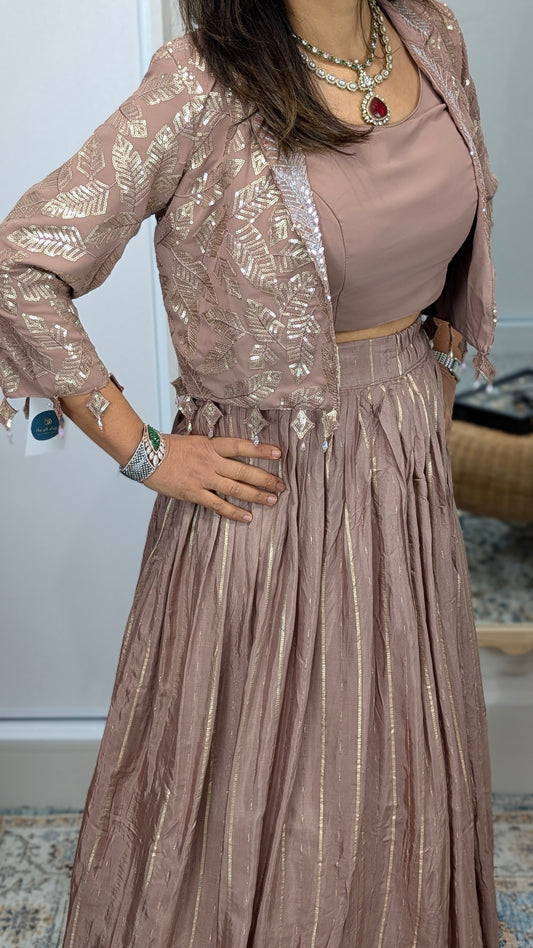 Elaa Dusty Rose Jacket Lehenga Set with Foil Embroidery