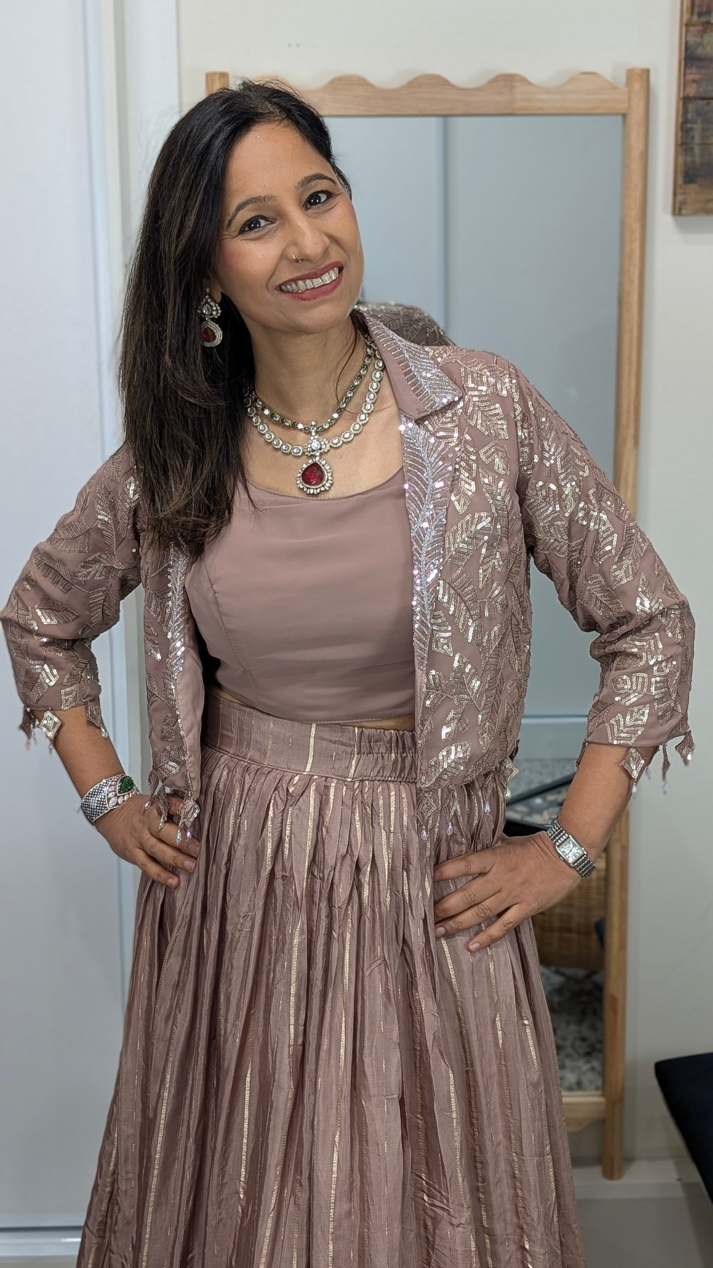 Elaa Dusty Rose Jacket Lehenga Set with Foil Embroidery