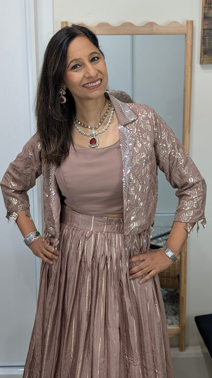 Elaa Dusty Rose Jacket Lehenga Set with Foil Embroidery