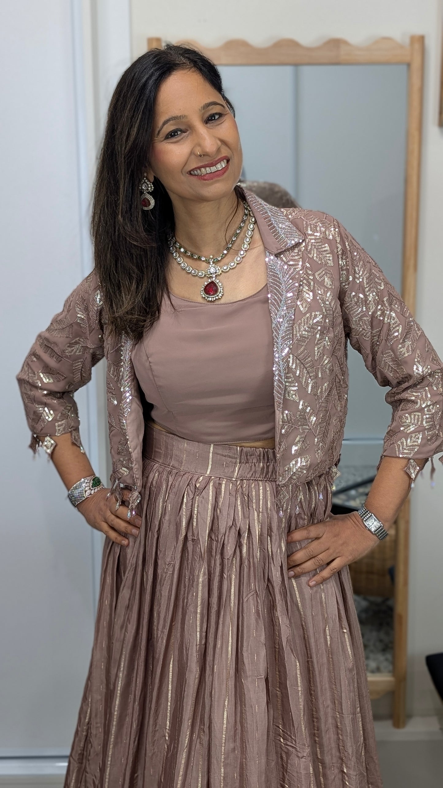Elaa Dusty Rose Jacket Lehenga Set with Foil Embroidery