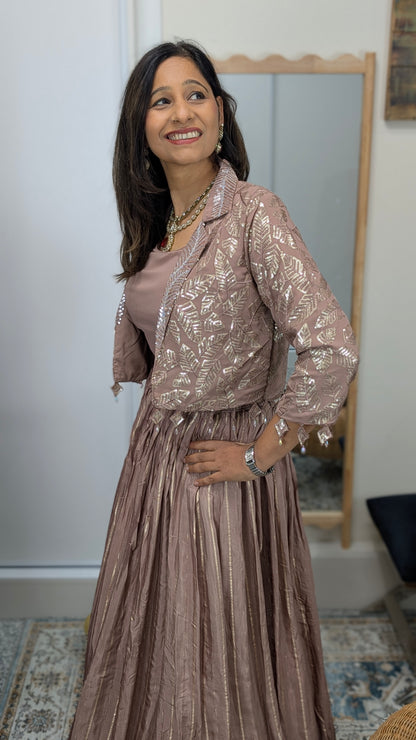 Elaa Dusty Rose Jacket Lehenga Set with Foil Embroidery