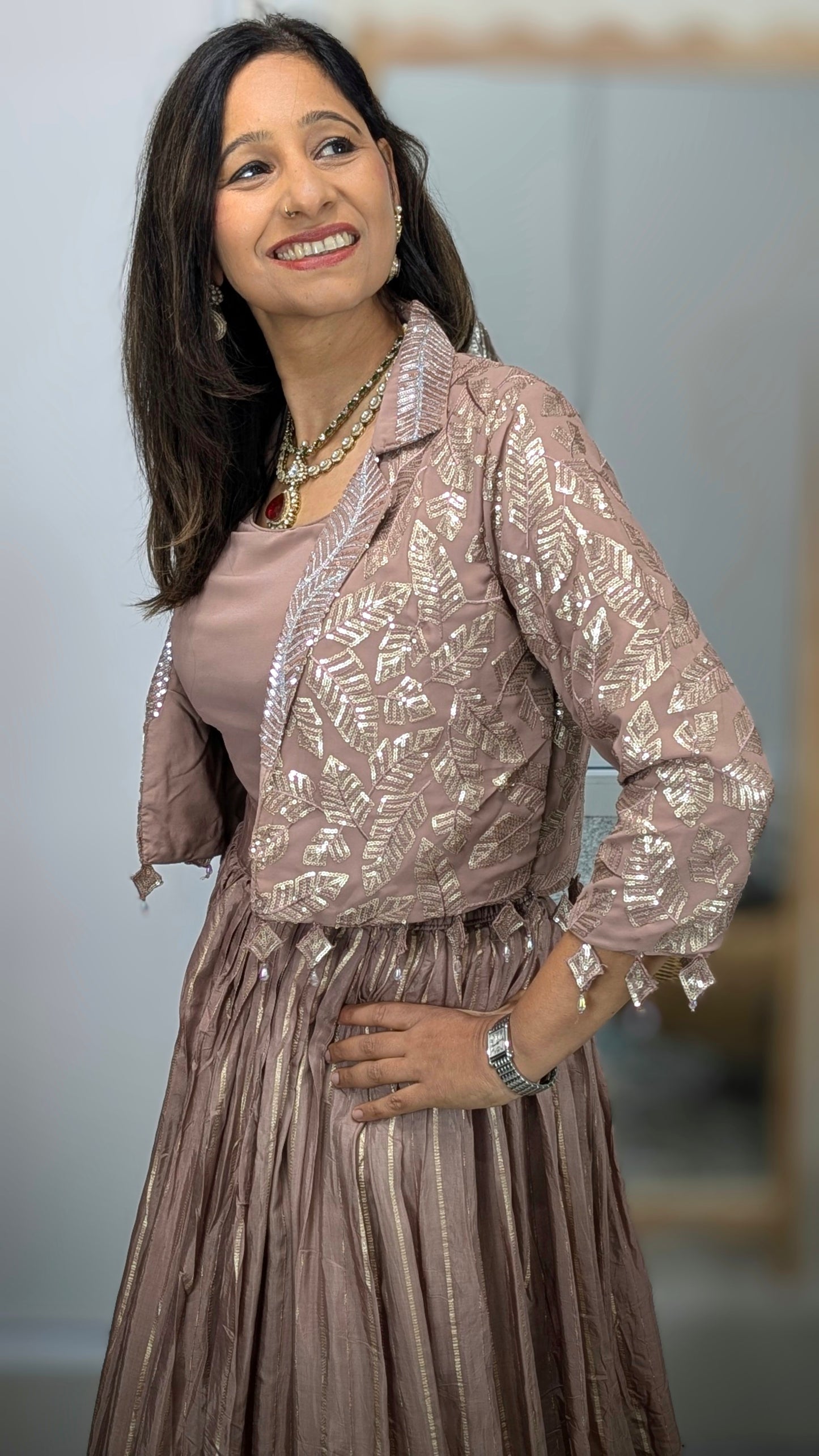 Elaa Dusty Rose Jacket Lehenga Set with Foil Embroidery