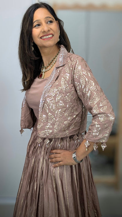 Elaa Dusty Rose Jacket Lehenga Set with Foil Embroidery