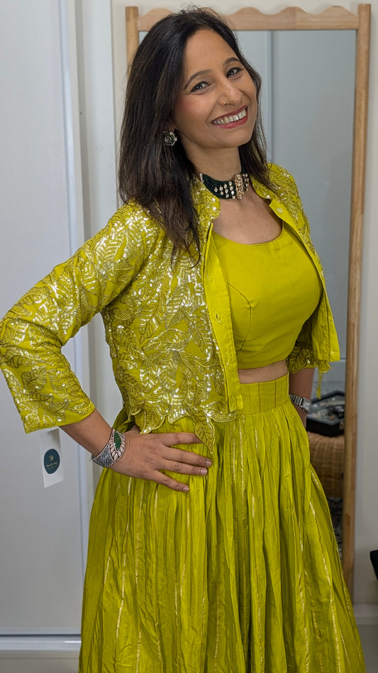 Ziva Lime Yellow Foil Embroidered Jacket Set