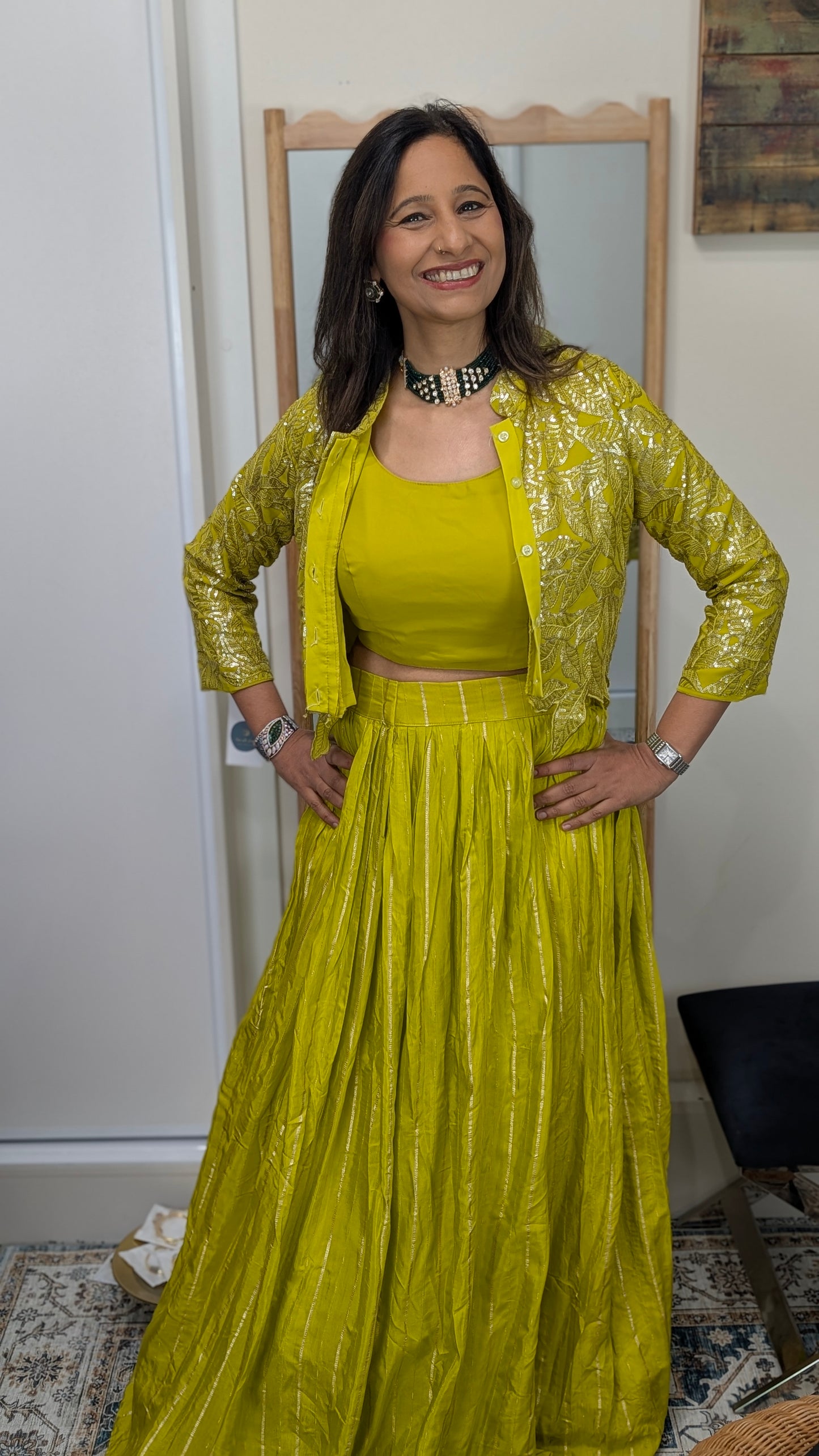 Ziva Lime Yellow Foil Embroidered Jacket Set