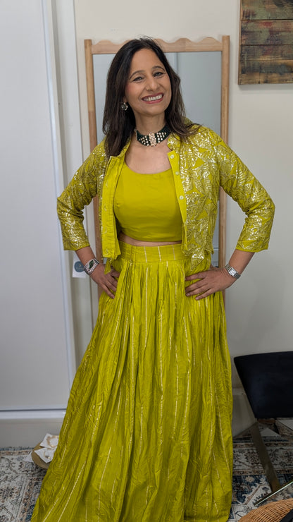 Ziva Lime Yellow Foil Embroidered Jacket Set