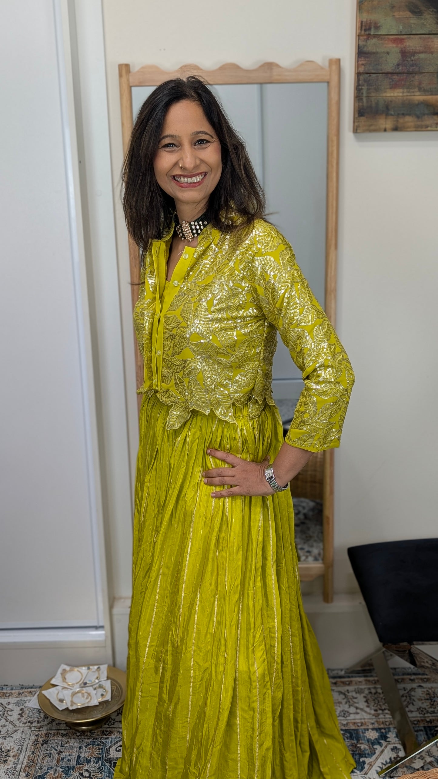 Ziva Lime Yellow Foil Embroidered Jacket Set