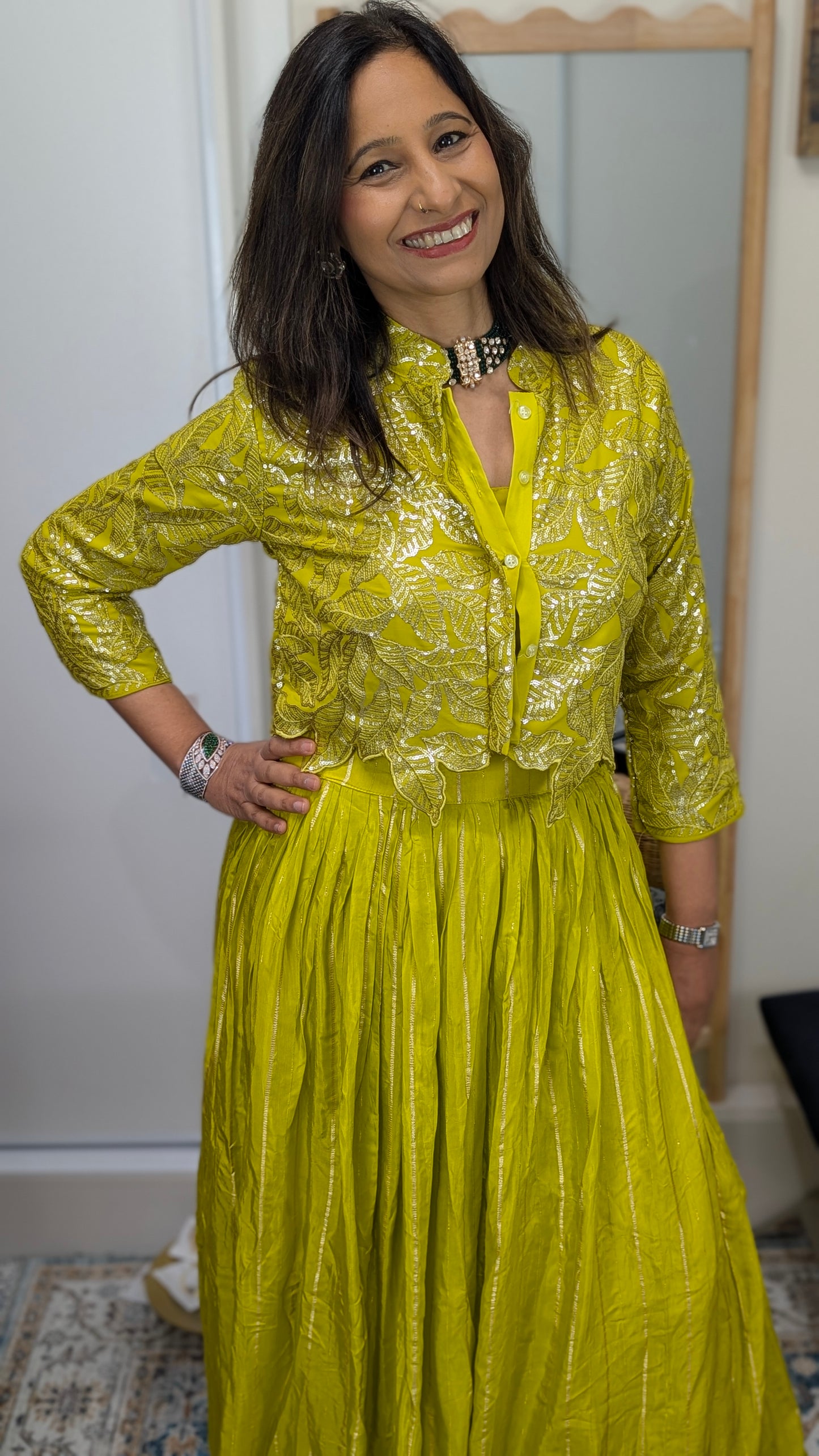 Ziva Lime Yellow Foil Embroidered Jacket Set