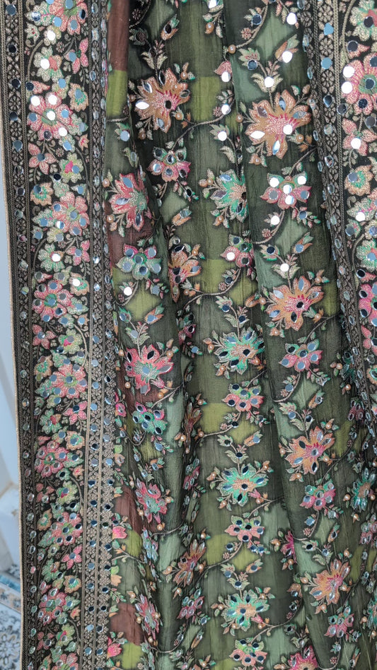 Noorza Pakistani Dupatta - Mirror and Pearl work - Mehandi